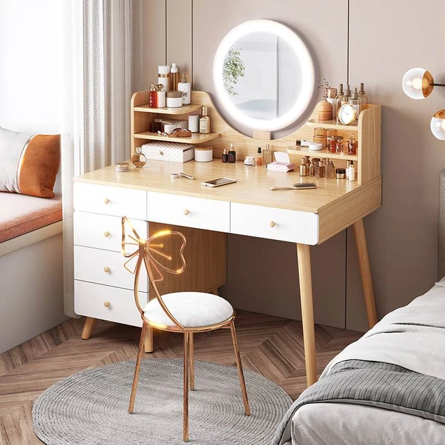 Mirror Chair Led Dressing Table Brown Bedroom Multifunctional