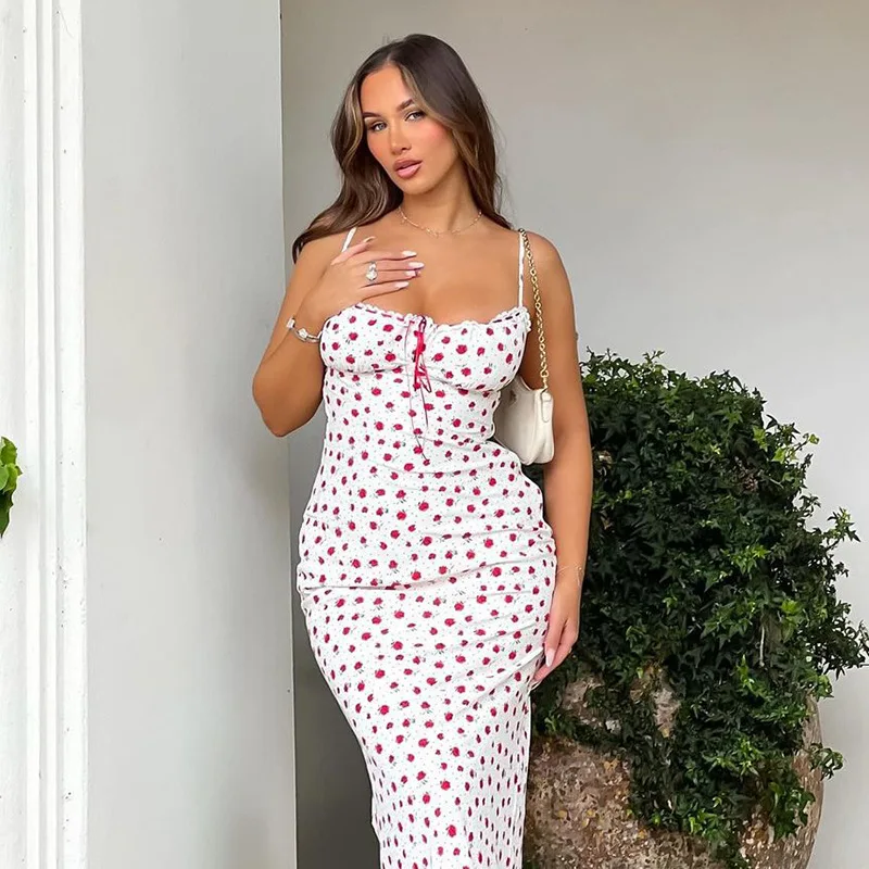 Ruffled Backless Halter Dresses Female Lace Elegant High Waist Spaghetti Patchwork Party Dress Summer Women Maxi Dress New