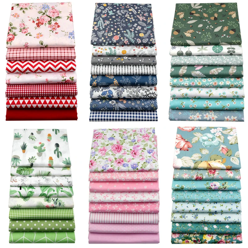 7 Quadrati Di Tessuto In Cotone Per Patchwork 25x25 Cm - Serie Verde, Floreale