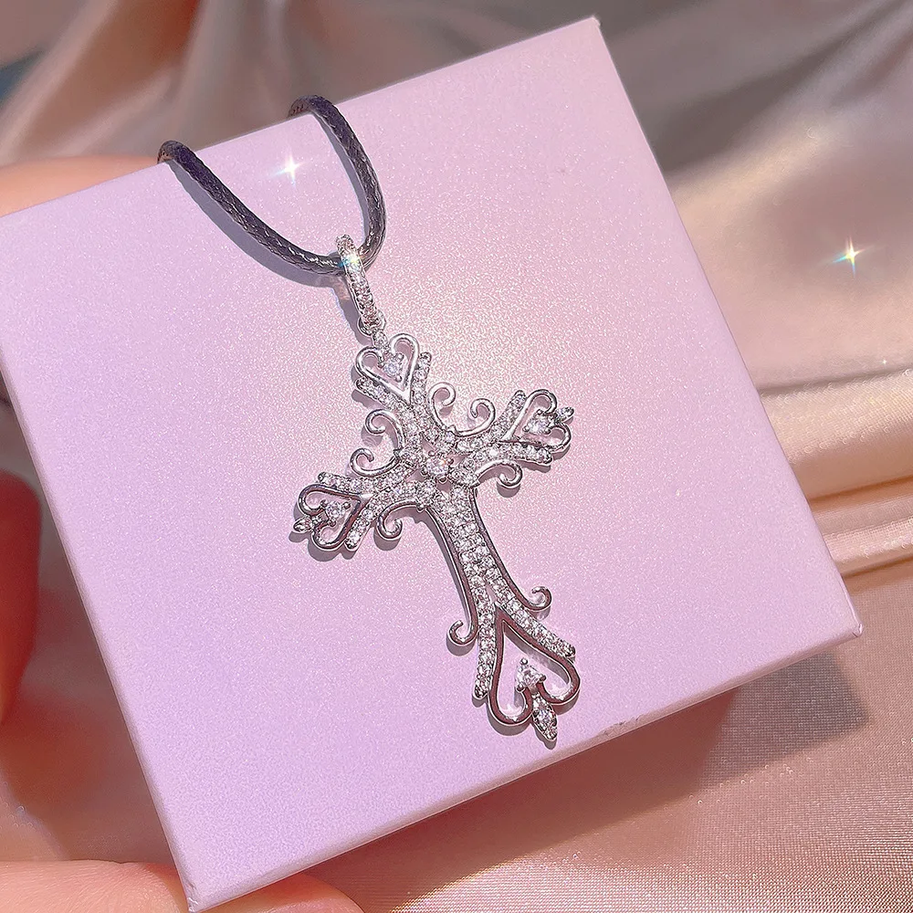 Necklace for Women's 18k Gold Plated Crystal Zircon Hollow Pattern Cross Pendant Religious Fashion Jewelry Gift