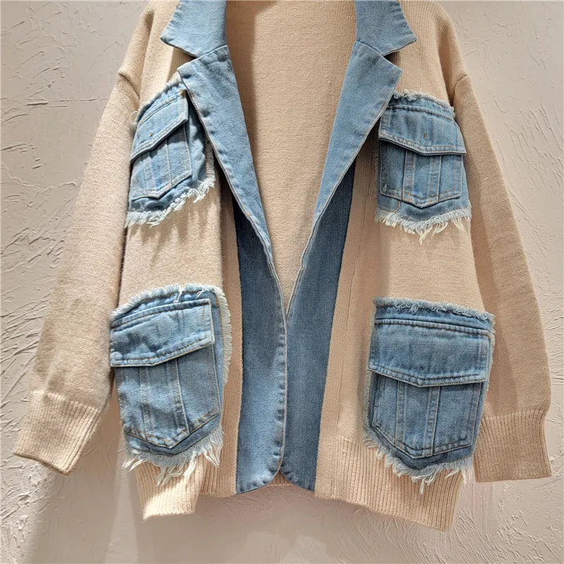 Women Denim Spliced Suit Coat Knitted Cardigan Pockets Contrast Color Jeans Blazers Coat Long Sleeve Autumn Sweater Coat Tops - Image 6