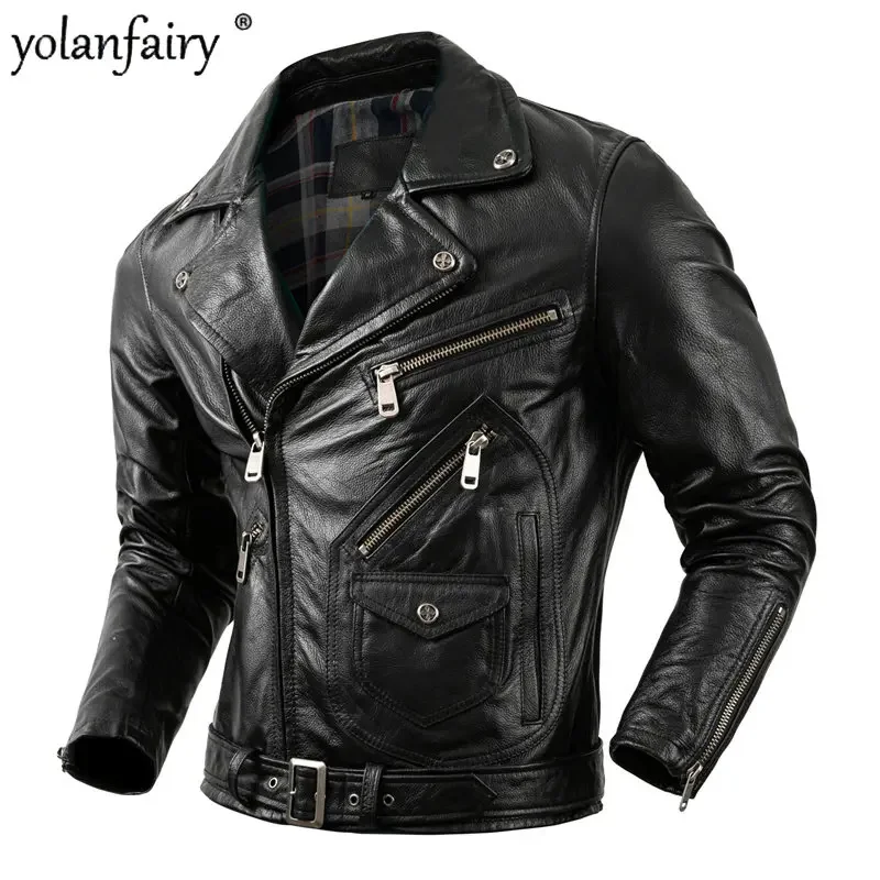 

5XL Top Layer Cowhide Leather Jacket Men's Trendy Lapel Spring Autumn Motorcycle Coat Chaquetas FCY