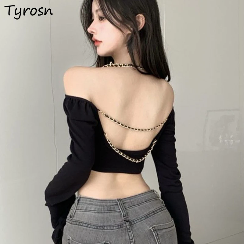 

Crop Tops T-shirts Women Backless Sexy Chic Slash Neck Y2k Girls Fashion Autumn Personality Hotsweet Aesthetic Girlish Clothes