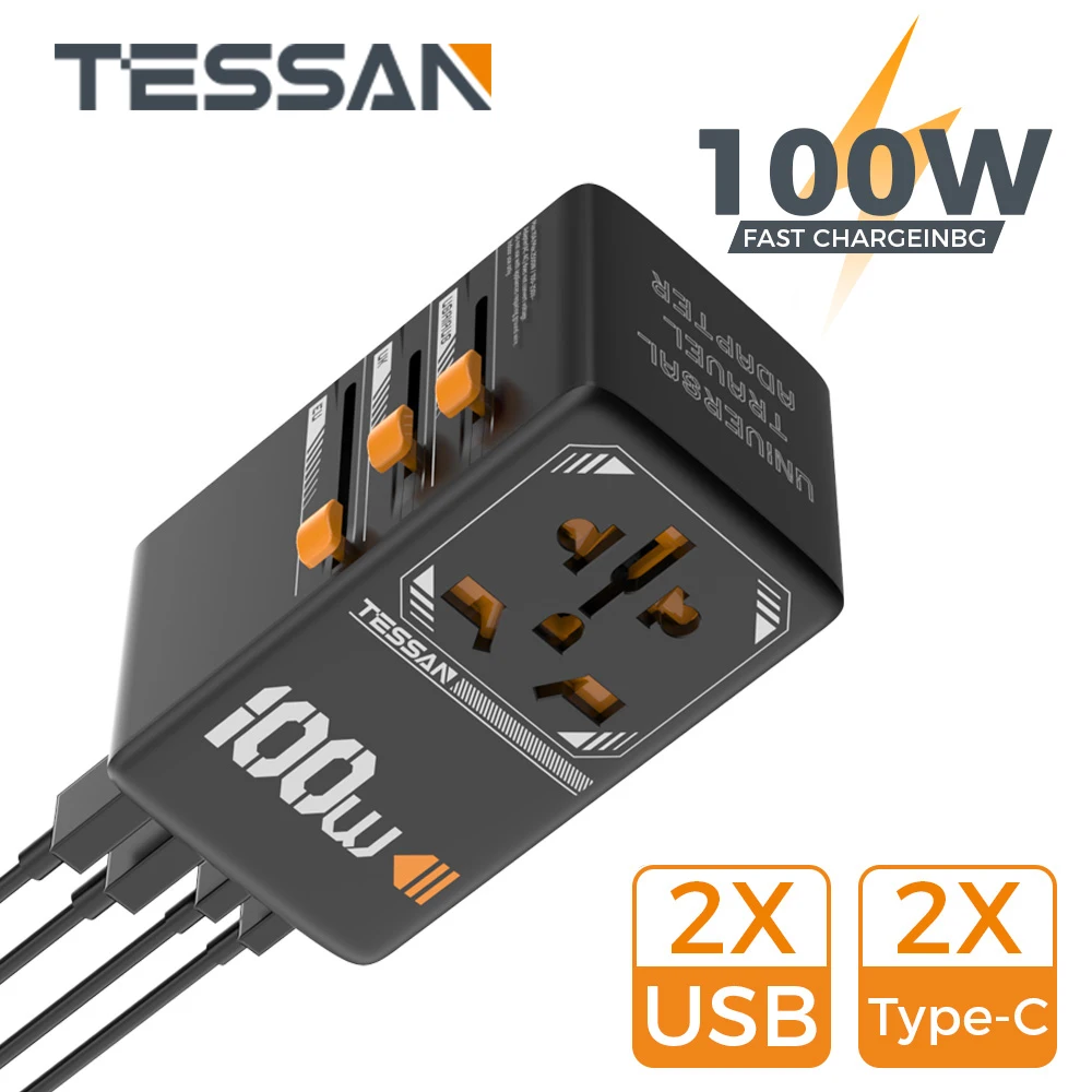 

Универсальный дорожный адаптер TESSAN 100 Вт с 2 портами USB и 2 зарядными устройствами типа C, универсальное зарядное устройство для путешествий для США, ЕС, Великобритании, AUS