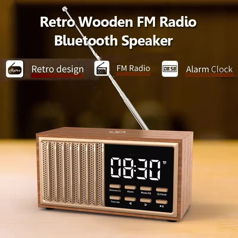Mini Portable Woode Retro FM Radio Wireless Charger Bluetooth Speaker Handsfree Call Music Player Support Alarm Clock TF USB AUX