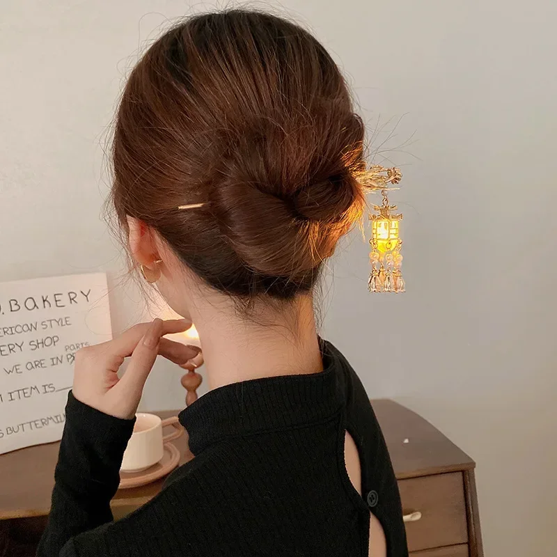 Chinese Lantern hair accessory Hair Pin Clips Hair Sticks LED Light Accessories for Women Kids Retro Lotus Flower Tassel Headpieces