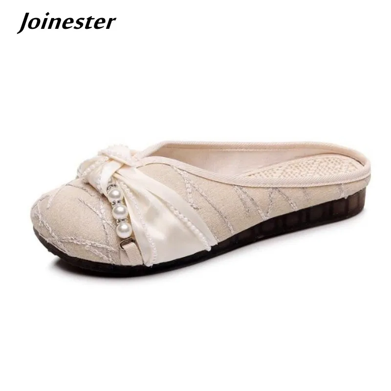 

Women Cotton Fabric Summer Slipper with Butterfly-knot Ladies Fashion Pearl Mules Hemp Insole Flat Heeled Sweet Slides