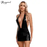 Women Sexy Deep V Backless Rave Dress Wet Look Patent Leather Bodycon Minidress Nightclub Pole Dancing Clubwear Party Disco 1