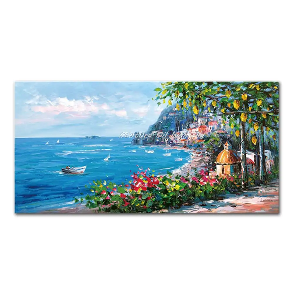 Mintura Obra de arte hecha a mano de gran tamaño Pintura al óleo pintada a mano sobre lienzo La hermosa ciudad costera Arte de pared moderno para decoración del hogar
