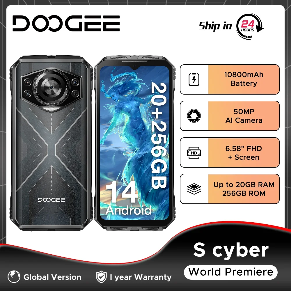 Global Version DOOGEE S Cyber Rugged Phone 8GB 256GB Android 14 Unisoc T606 Octa-core 10800mAh Large Battery 50MP AI Camera