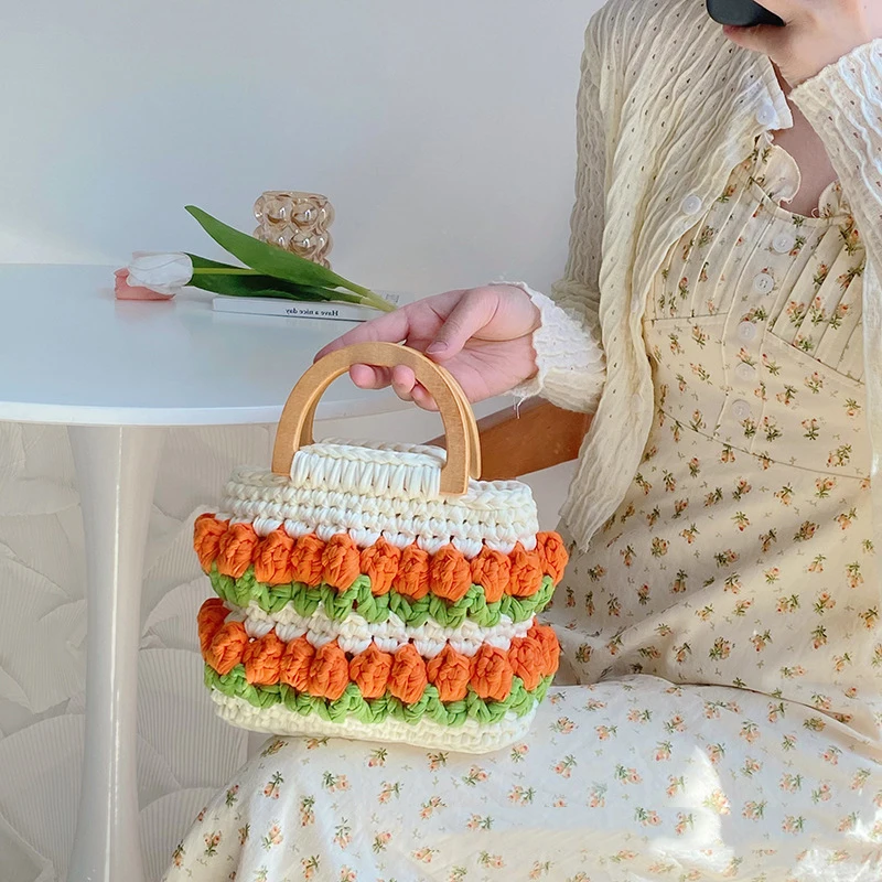 Tulip Flower Tote Bag Basket Hand Knitted Bag DIY Homemade Cloth