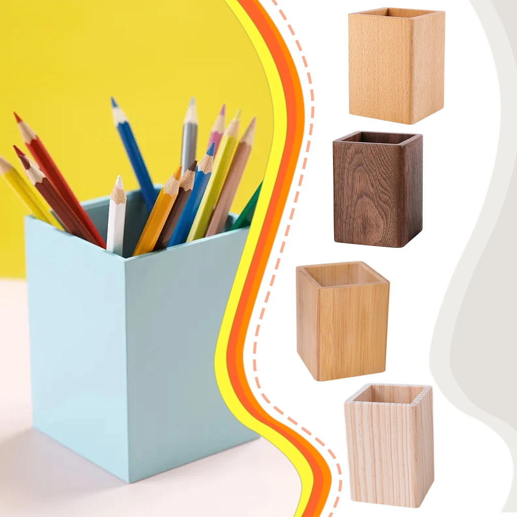 Wooden Stationery Organizer Square Pen Holder Desk Decoration Stationery Brushes Offices
