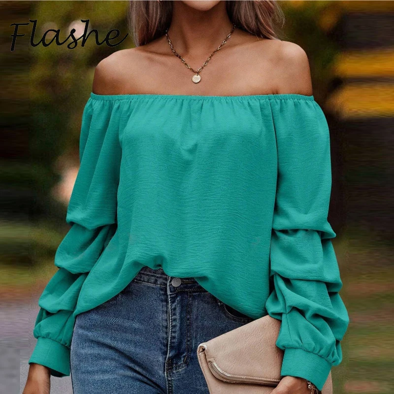 Women's Summer Solid Color Off Shoulder V Neck And Elastic Waist Blouse