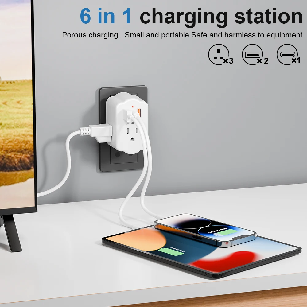 ﻿ PUJIMAX Us To India Plug Adapter, India Travel Adapter With 3 USB (1 Type C) Chargers & 3 American Outlets For USA to