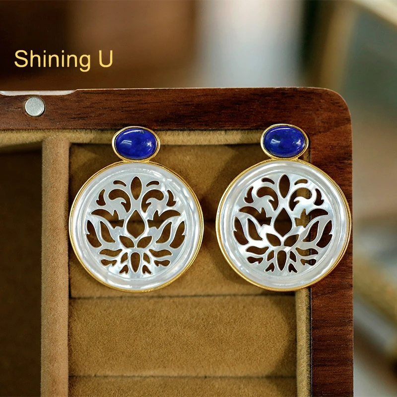 

Shining U S925 Silver White Shell Lapis Lazuli Round Stud Earrings for Women New Chinese Style Gift