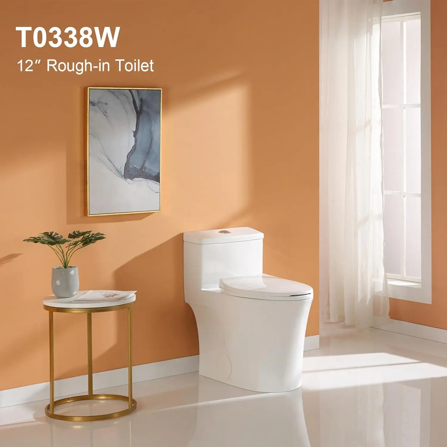T0338W Compact One Piece Toilet with Comfort Chair Seat ADA Height 17.3", Elongated Dual Flush 0.8/1.28 GPF and MAP 1000g, Stand