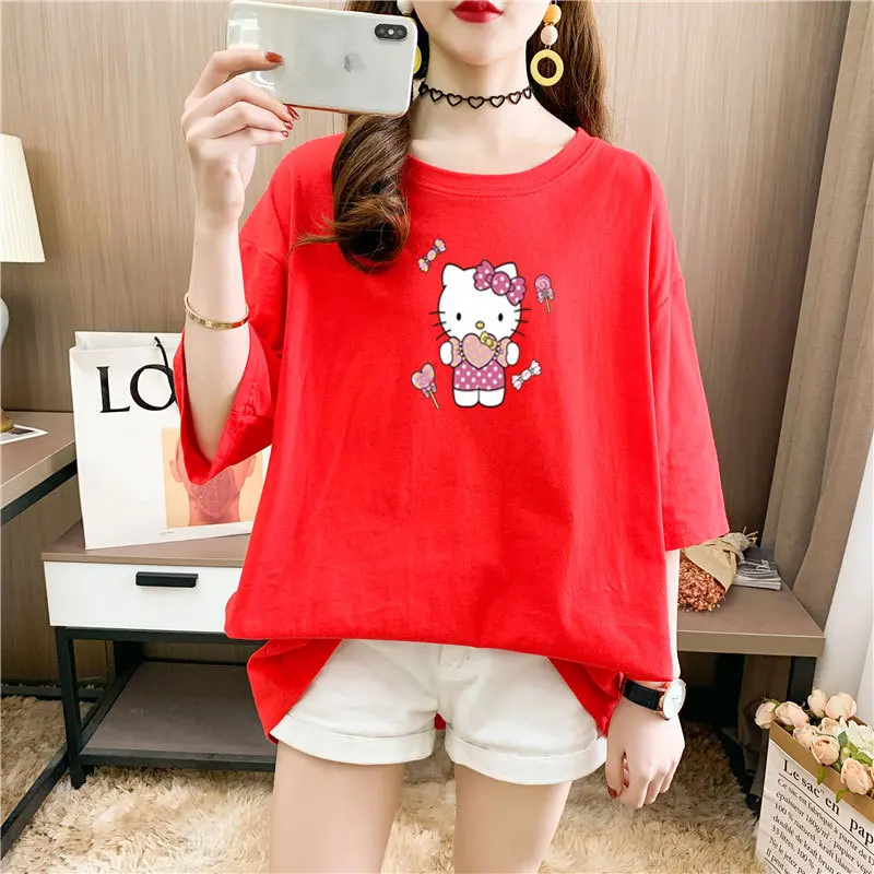 thumbnail image 1 of Hello Kitty nuevo verano de talla grande Top de algodón para niños niñas holgada con estampado cubierta del vientre Camiseta de manga corta con cuello redondo, 1 of 5