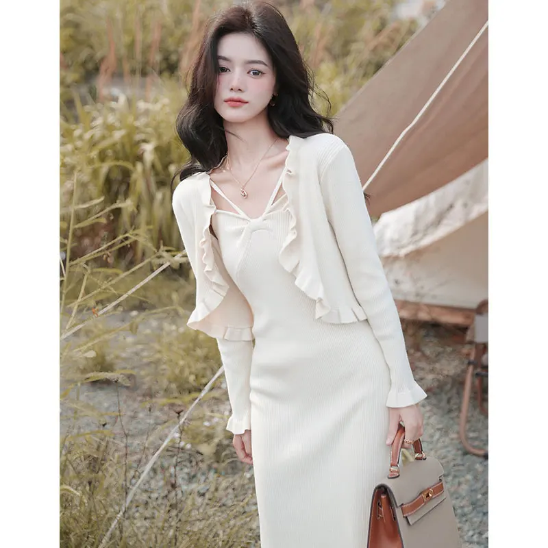 

Autumn Korea Chic Women Knitted Dress Suit Casual Solid Cardigan Coat High Waist A Line Halter Sleeveless Slim Dress Outfits New