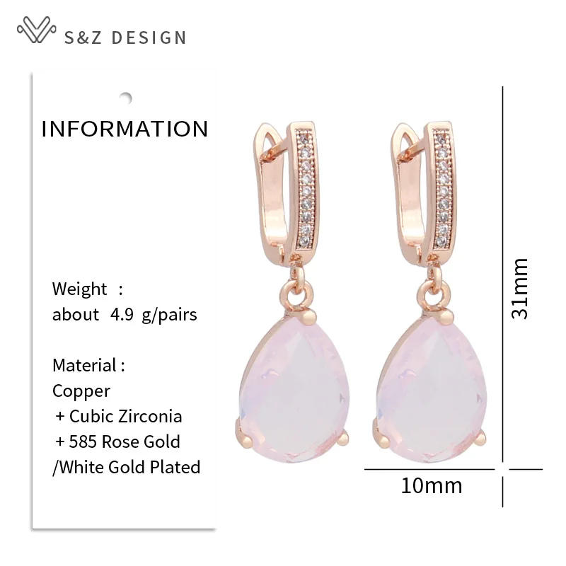 S&Z DESIGN New Fashion 585 Rose Gold Color Water Drop Cubic Zirconia Dangle Earrings For Women Wedding Party Classic Jewelry