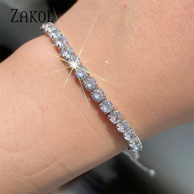 ZAKOL Fashion Cubic Zirconia Tennis Adjustable Bangle Bracelet for Women White Round Cut Cz Crystal Wedding Jewelry