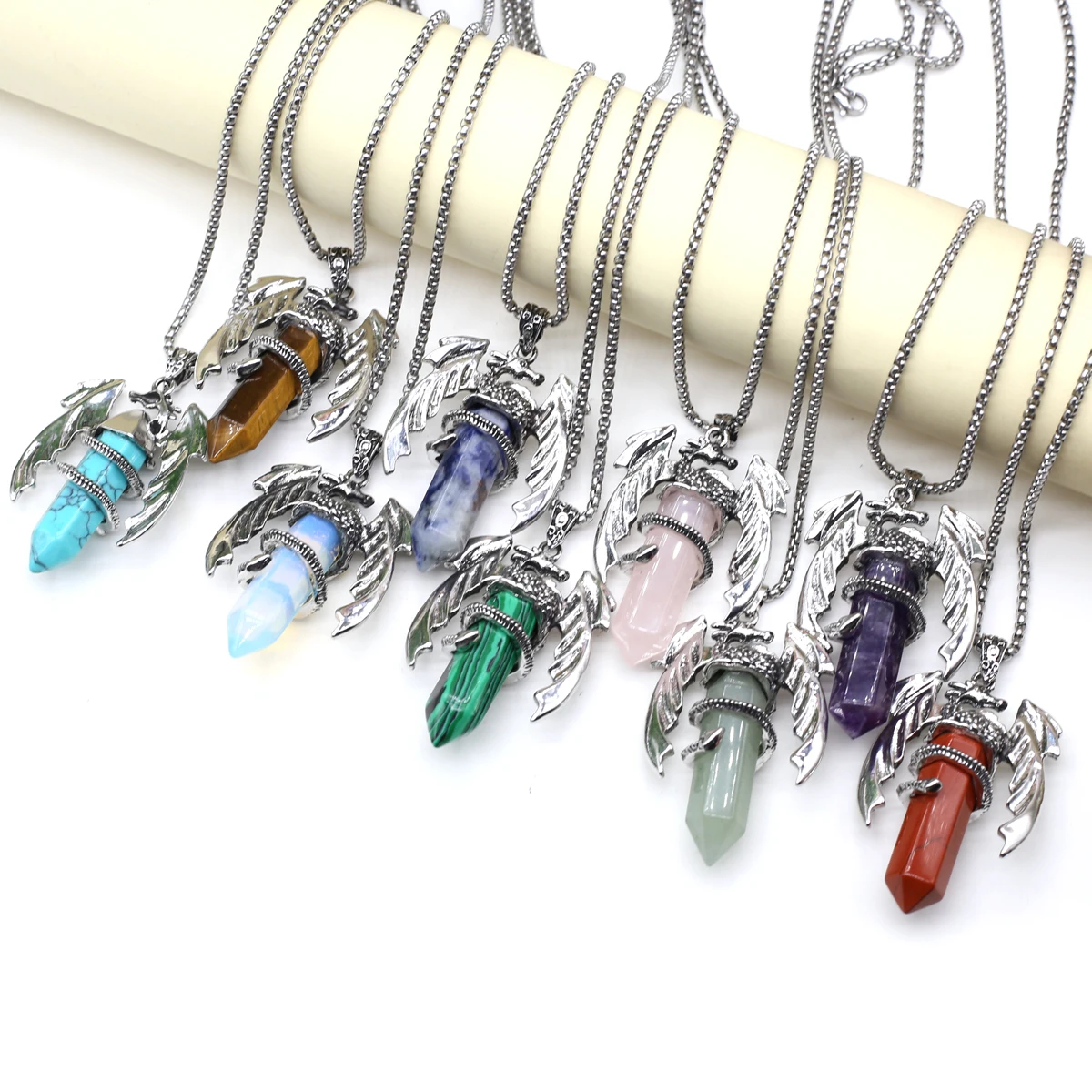 

Hot Sale Necklace Natural Stone Hexagonal Pyramid Wing-Shaped Pendant Necklace For Women Birthday Gift Chain 60 CM