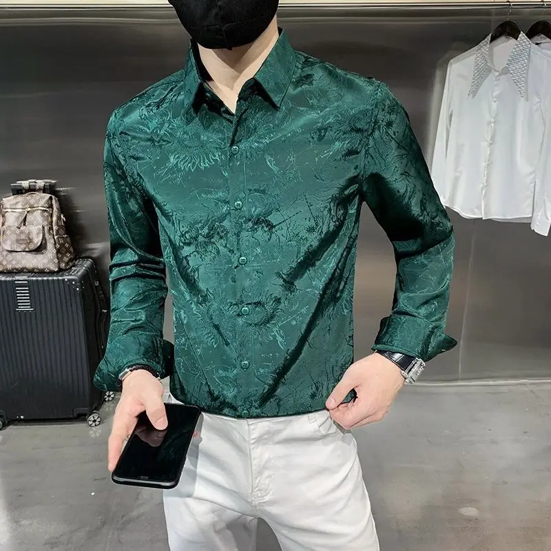 

2024 Spring and Autumn Men Shirts Cotton Fabric Clothing Long Sleeve Print Blouses Polo Neck Business Shirt Casual Tops P13