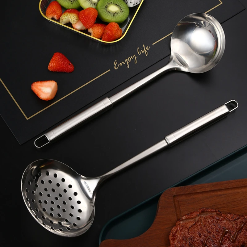 Description Picture 3 of item304 Stainless Steel Soup Ladle Enlarge Oil Skimmer Ramen Scoop Multifunctional Leaky Hole Pasta Strainer Kitchen Utensils