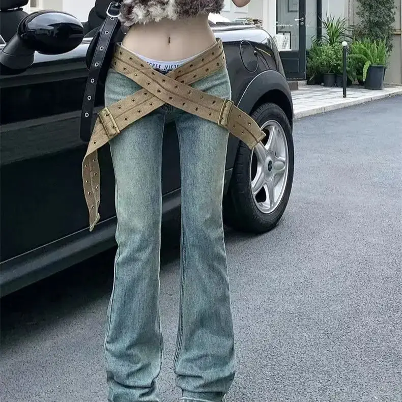 Jeans With Belt Low Rise Fashion Vintage Distressed Jeans For Women Streetwear Denim Straight Leg Jeans Bottom Essential Pants