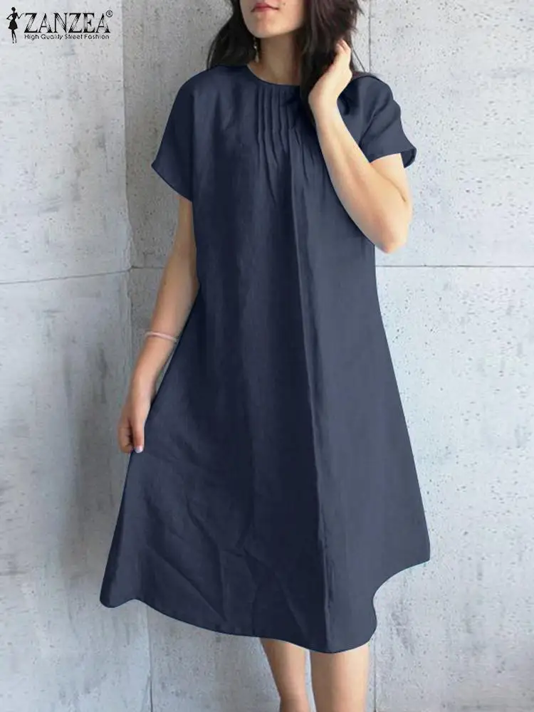 

Модное однотонное платье ZANZEA, женские платья с коротким рукавом и круглым вырезом, женское элегантное платье, винтажный плиссированный дизайн, платья 2023
