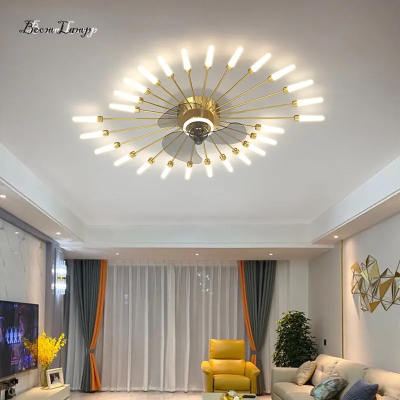 

LED Ceiling Fan Lamp Modern Fireworks Nordic Creative Living Room Bedroom Shop Study Household Silent Light Interior Decoration
