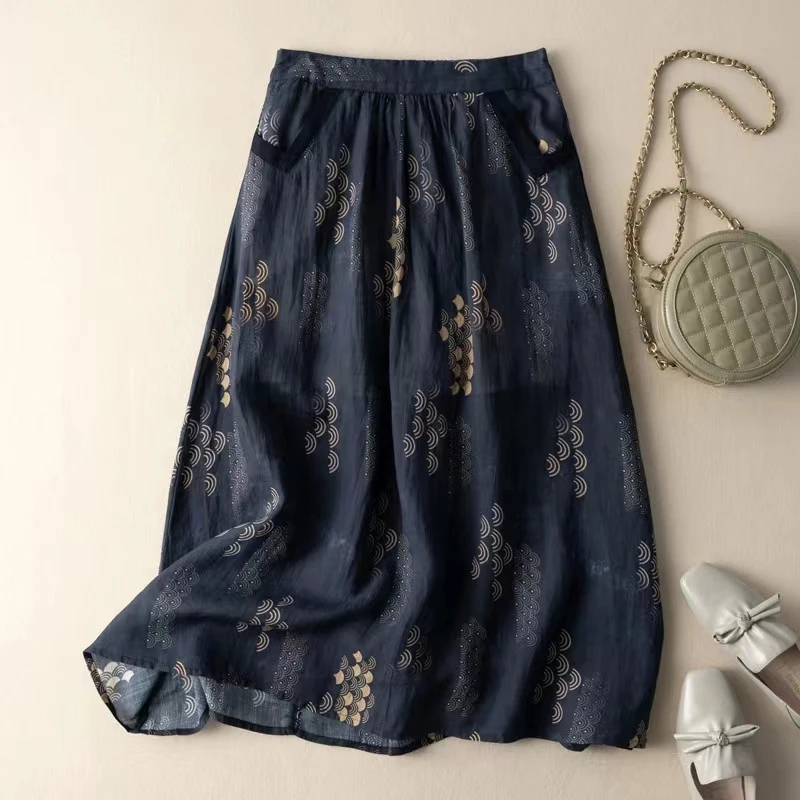 2022 Summer New Arts Style Women Elastic Waist Loose Casual A-line Skirt Vintage Print Cotton Linen Long Skirt Female