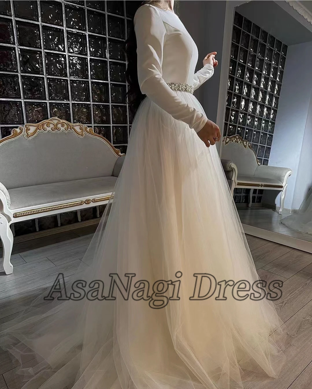 

AsaNagi White Prom Dresses Crystal O Neck Floor-Length A Line Women Elegant Princess Dress 2023 Wedding Party Birthday Gown