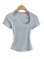 Summer square neck high elasticity crop top women's short sleeved sexy top slim fit pullover base shirt