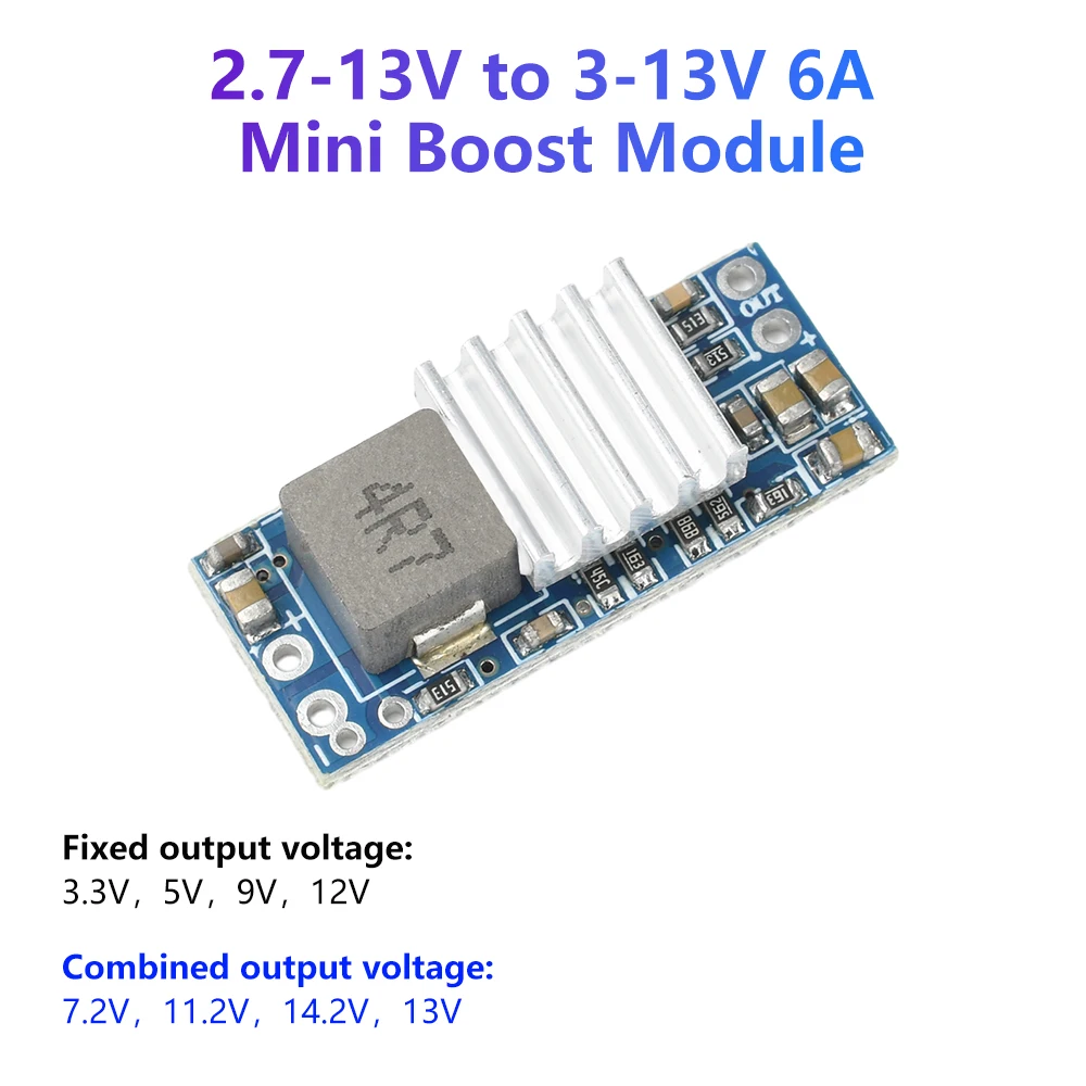 Vue de dessus du Module Boost Convertisseur DC-DC 6A pour modélisme, avec composants électroniques visibles.