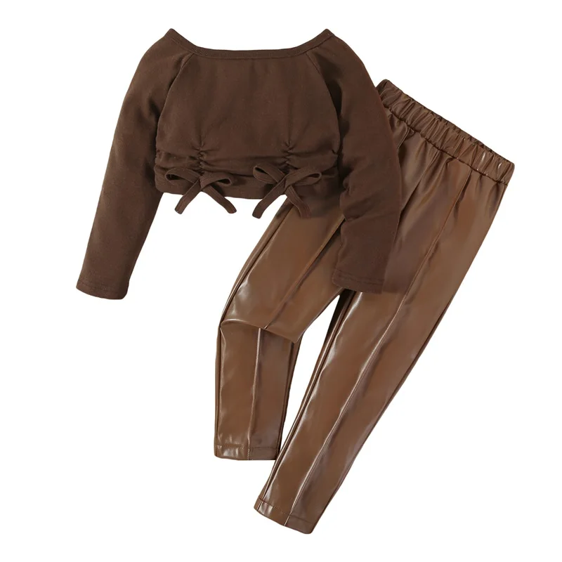 

3-7T Fashion Kid Girls Fall 2PCS Outfits Long Sleeve Bow Front Crop Tops + PU Leather Pants Set Tracksuit For Children