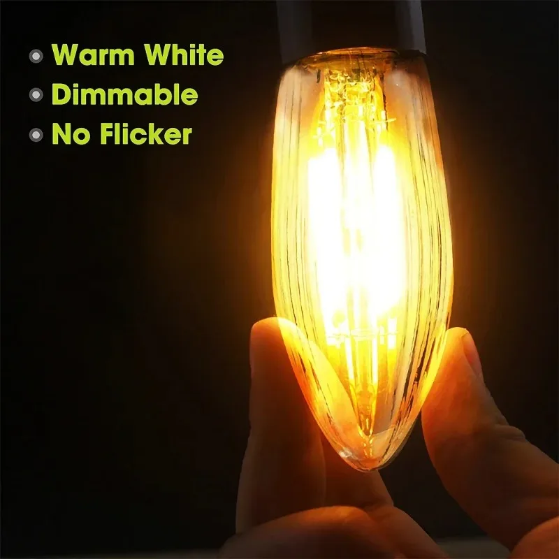 10PCS LED 필라멘트 전구 E10 따뜻한 흰색 에디슨 레트로 촛불 전구 유리 전구 테이퍼드 캔들 교체 전구