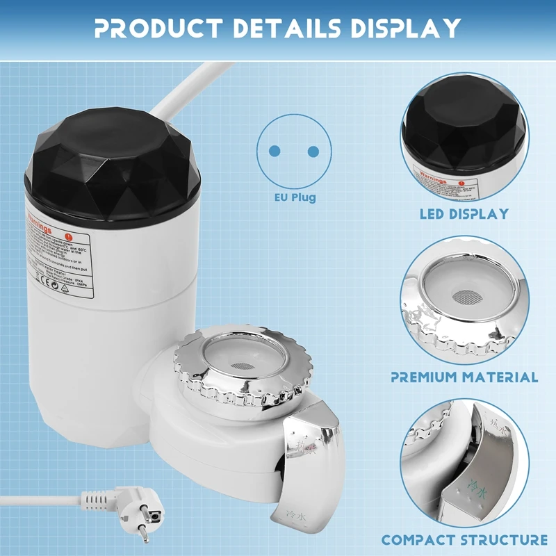 Electric Water Heater With Temperature Display For Kitchen Instant Heating Faucet Heater Tankless Water EU Plug