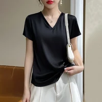 2024 Summer Basic Solid Women's T-Shirts V-Neck Short Sleeve Tees Tops  Satin Silk Elegant Thin Shirts for Female - Image 3
