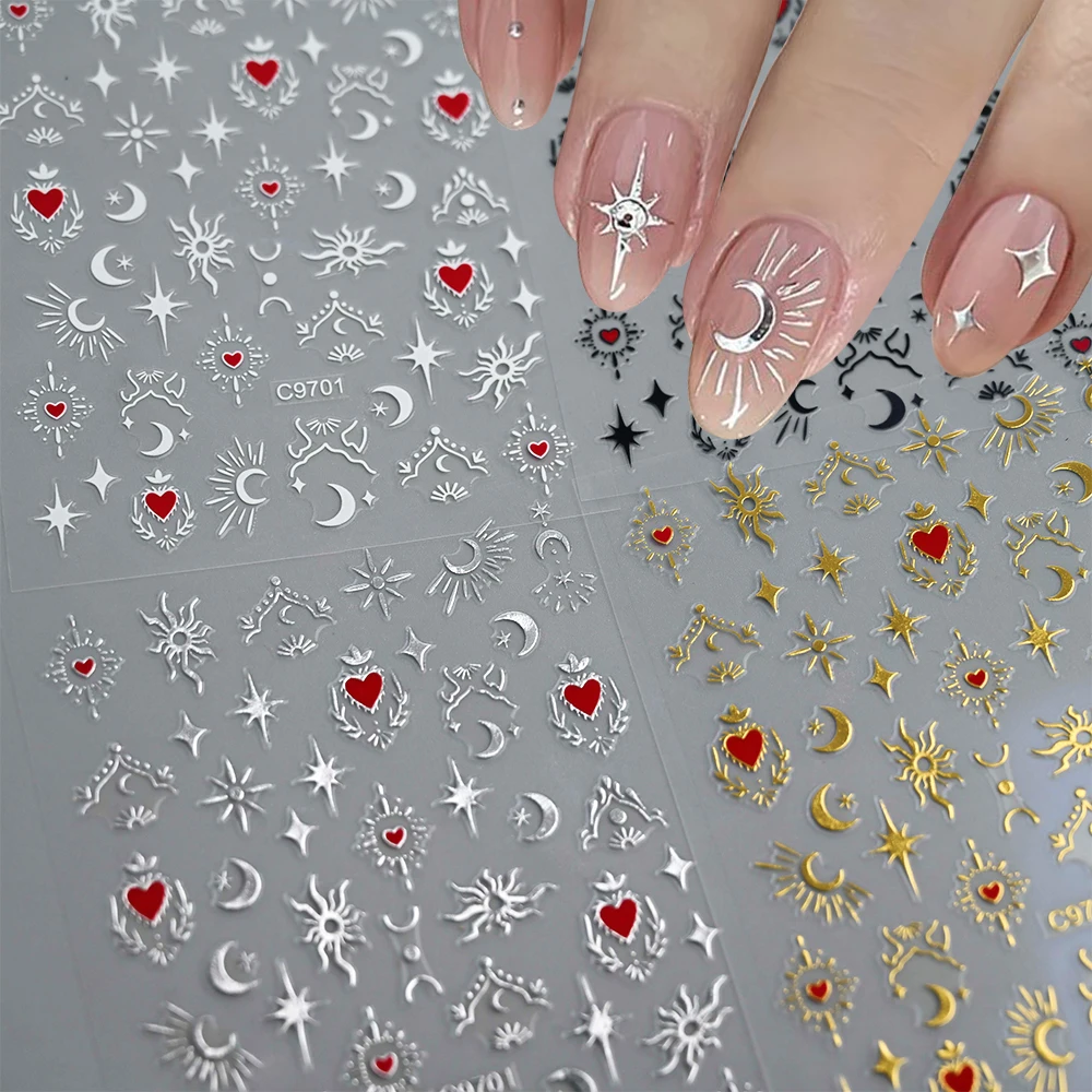 1pcs 3D Bronzing Gold Love Heart Nail Art Stickers Y2K Holographic Stars Sun Sliders Starlight DIY Decals Manicure Decoration 5