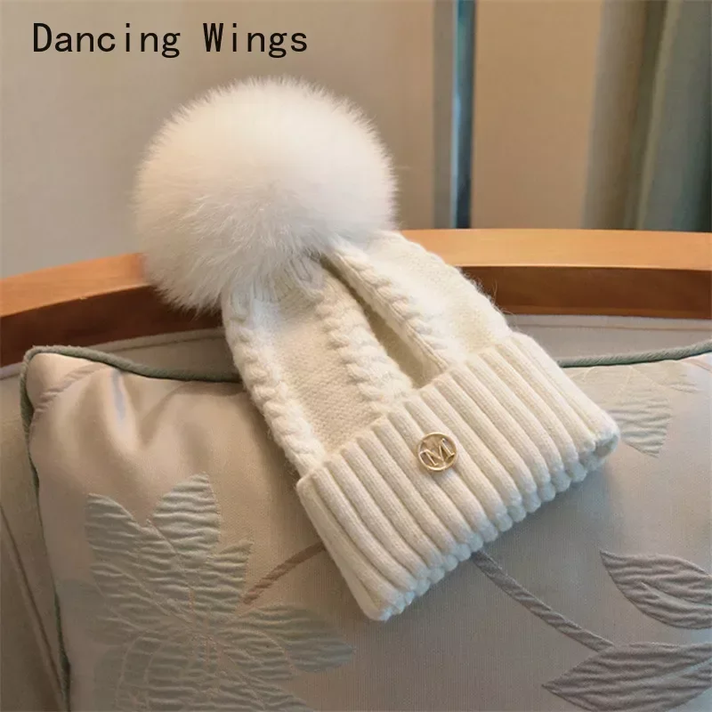 

Winter Women's Natural fox Fur Pom Pom Knitted Beanies fashion Rhinestone Skullies Girls Real Fur Knit Caps Bonnet Hat