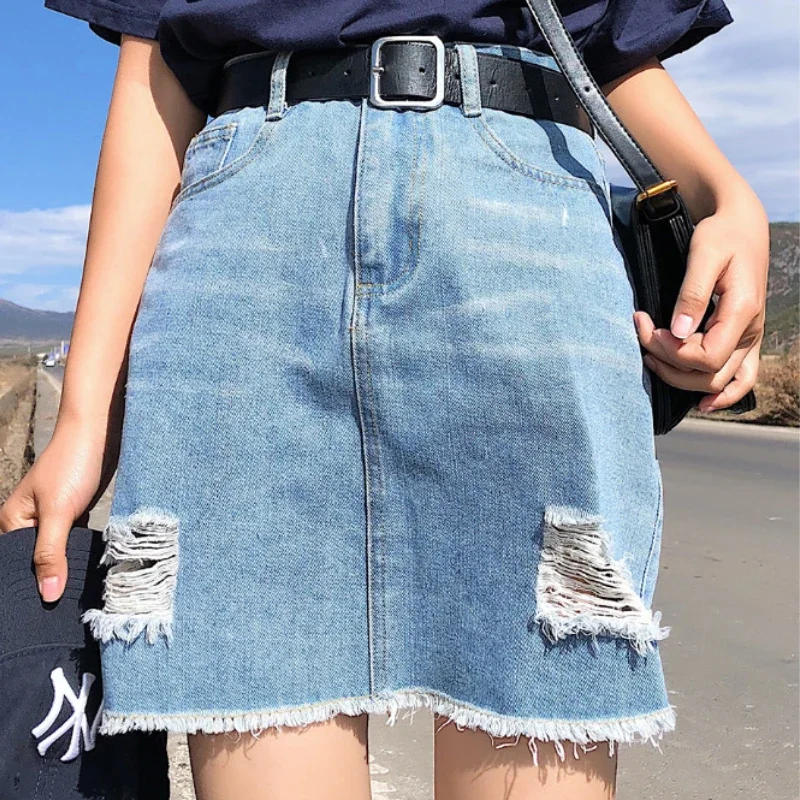 Summer High Waist Ripped Jeans Women Fashion Slim A-Line Denim Skirts Black Plus Size Casual All-Match Skirts Blue Streetwear