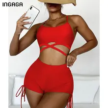 

INGAGA High Waist Bikini Women's Swimsuit 2022 New Swimwear Criss Cross Solid Bikinis Drawstring Bathing Suit Boyleg Beachwear