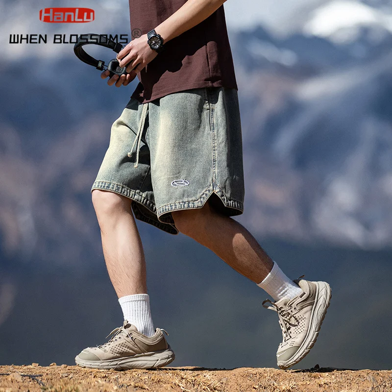 Men's Summer Water Washed Retro Blue Denim Shorts Men's Black Loose Casual Jeans Embroidered Elastic Shorts