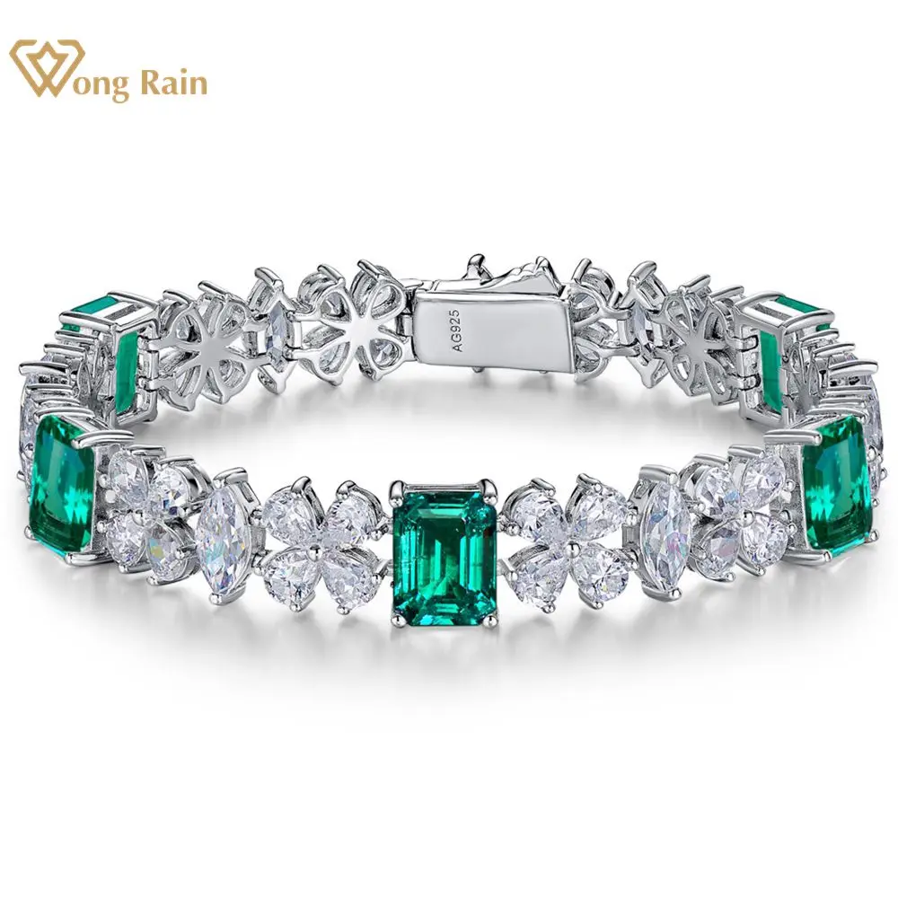

Wong Rain 925 Sterling Silver Lab Sapphire Emerald High Carbon Diamonds Gemstone Flower Vintage Bracelet Bangle Fine Jewelry