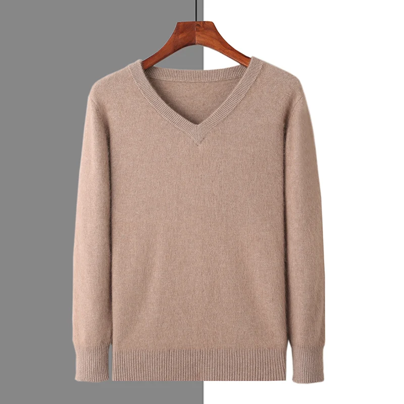Autumn and winter new men's 100% mink cashmere sweater V-neck pullover knitted plus size sweater high-end fashion coat.