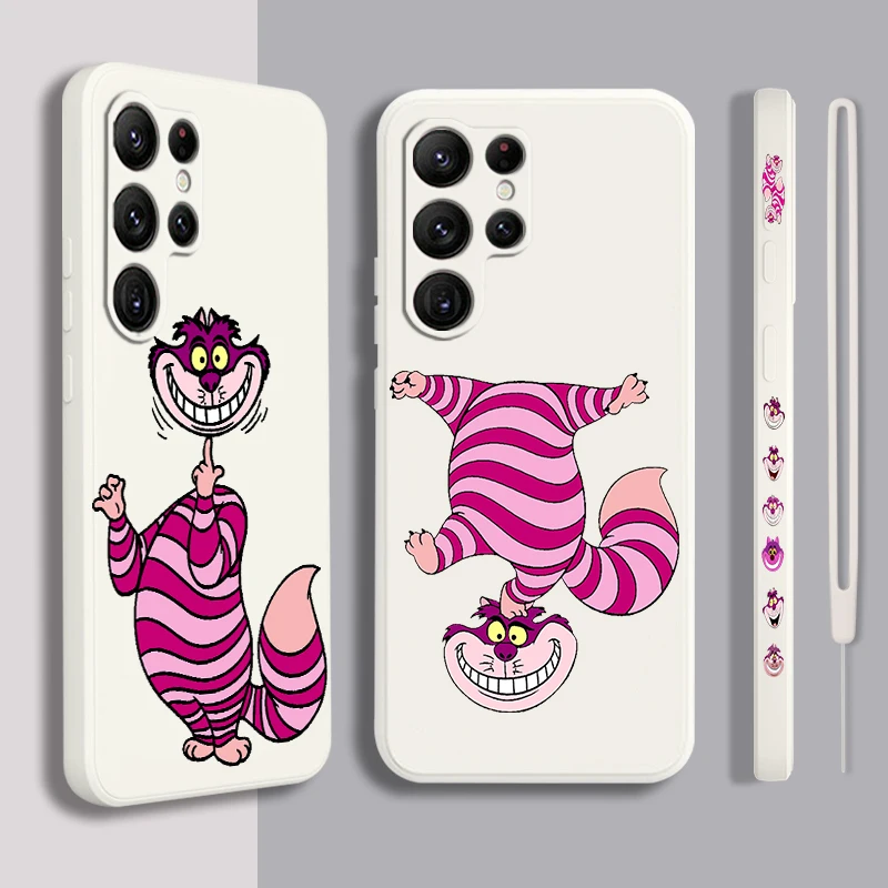 

Alice Disney Cheshire Cat For Samsung Galaxy S23 S22 S21 S20 FE S10 Ultra Plus Lite 5G Liquid Left Rope Cover Phone Case