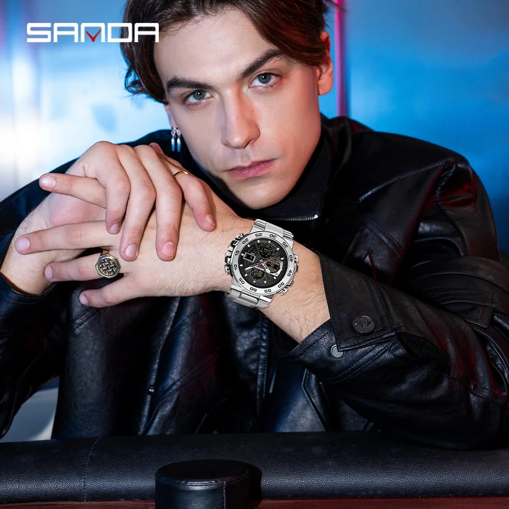 SANDA 6312 Fashion Popular Men's Watch Multi functional Large Dial Waterproof Electronic Quartz Watch Dual Display Student Watch view 6