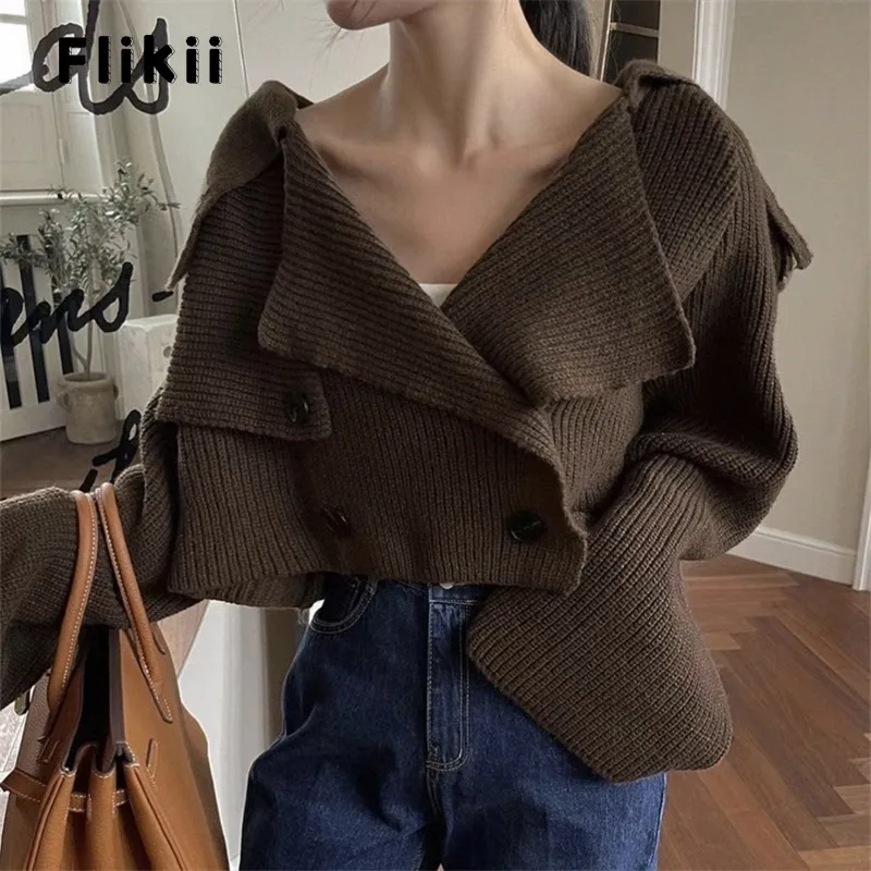 

Women's Vintage Solid Color Knitting Long Sleeve V-neck Cardigans 2023 Winter Casual Double Breasted Fashion Warm Sweater