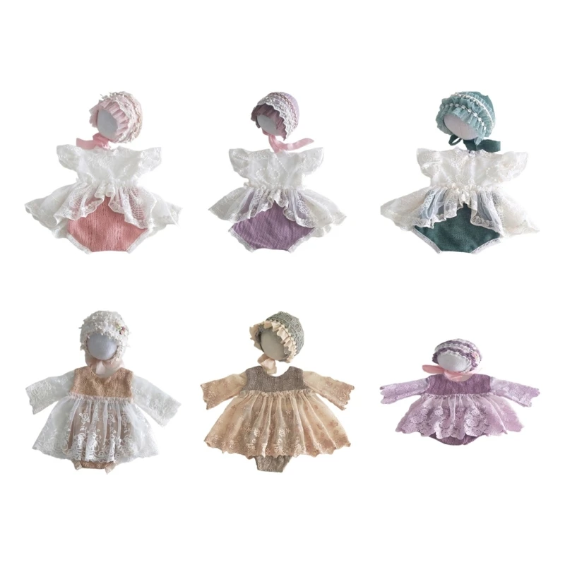

2PCS Baby Lace Dress Bonnet Hat Infant PhotoShooting Outfit Newborn Shower Gift