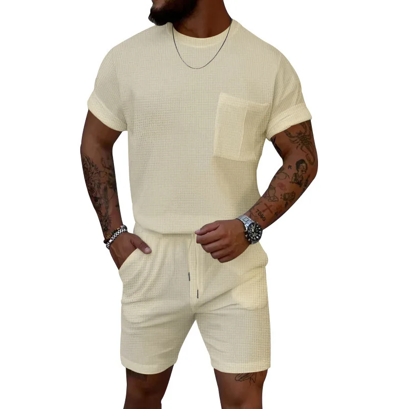 Leisure Solid Color Tops Two Piece Sets Men Casual Short-sleeved Crew Neck T-shirt And Shorts Outfits Mens Summer Fashion Suits